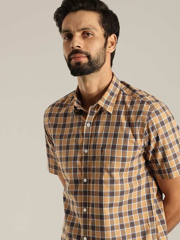 Indian Terrain Men's Slim Fit Half Sleeve Checkered Khaki Shirt